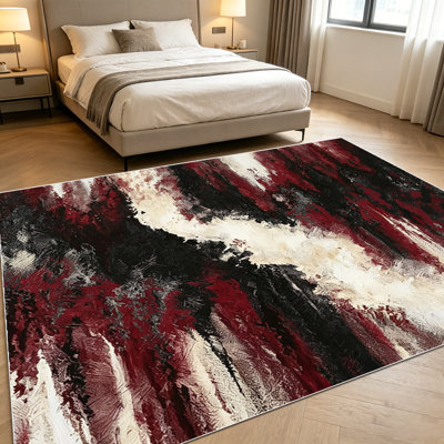 Tapis de peinture à l'huile à rayures verticales abstraites texturées de couleur crème et bourgogne de 1 pièce pour le salon, doux et confortable, convenant à toutes les saisons, facile à entretenir et lavable à la machine