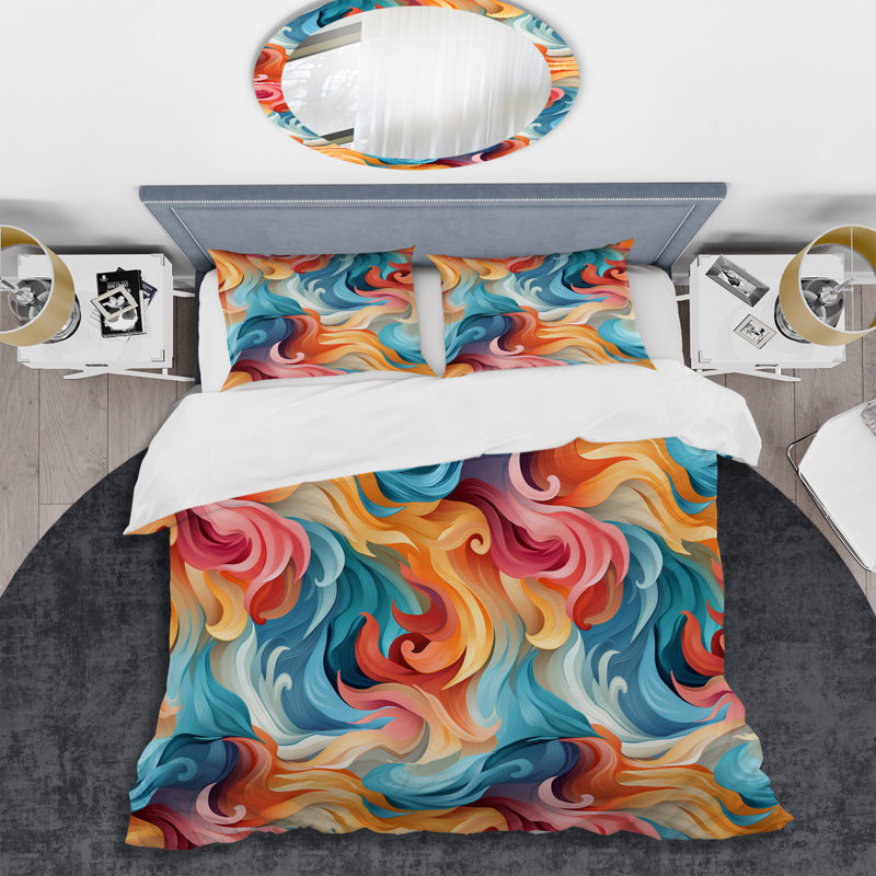 Literie ondulée verte et orange, Housse de couette simple + 1 taie décorative stan