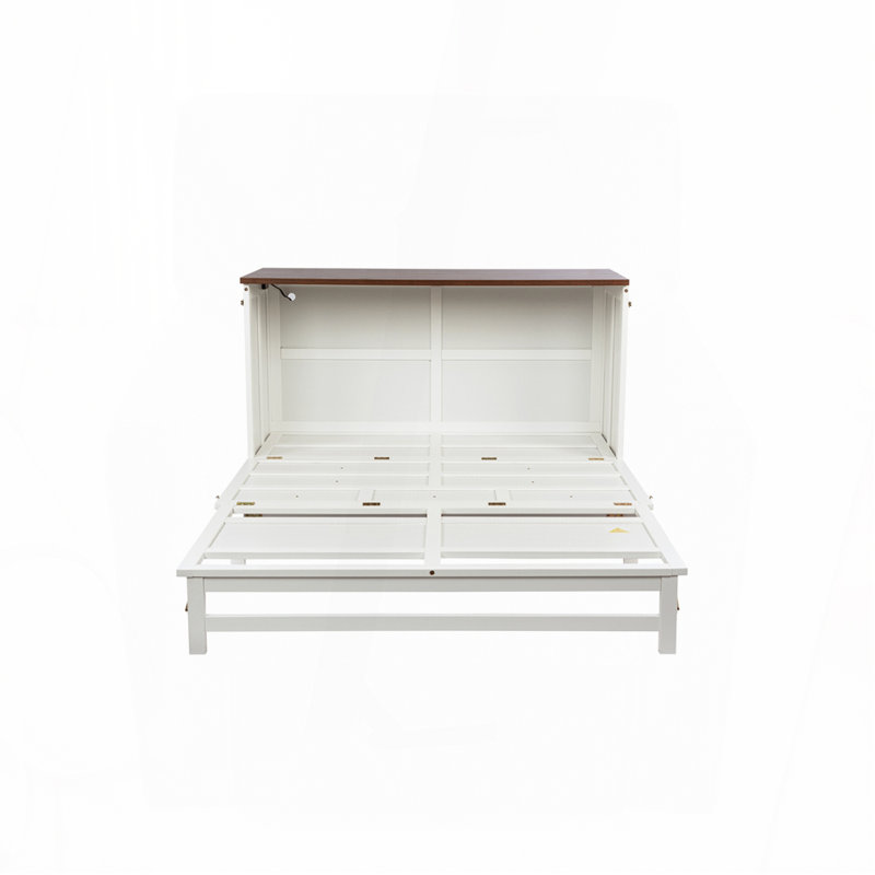 Solid Wood Murphy Bed Cabinet with Charging Station and Storage Drawer, Queen, White/Walnut