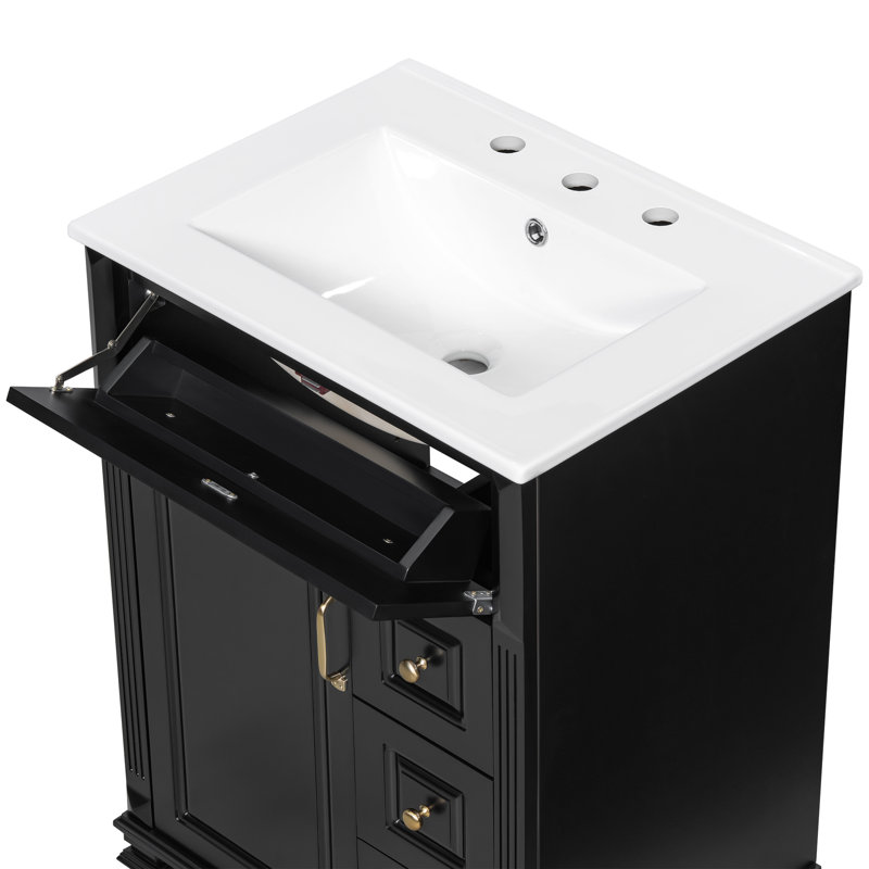 Meuble-lavabo 24 po avec lavabo en céramique, armoire en bois massif avec tiroir rabattable, 3 tiroirs latéraux et porte