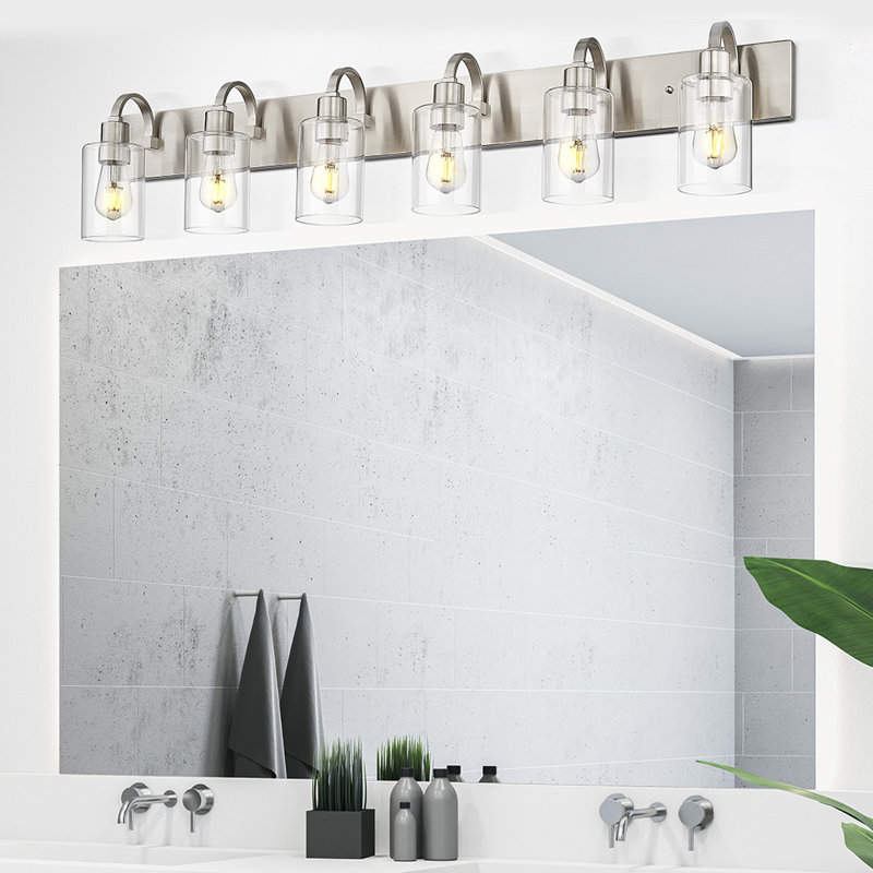 Abat-jour de salle de bain 6 lumières à intensité variable en verre clair Farmhouse, Nickel brossé