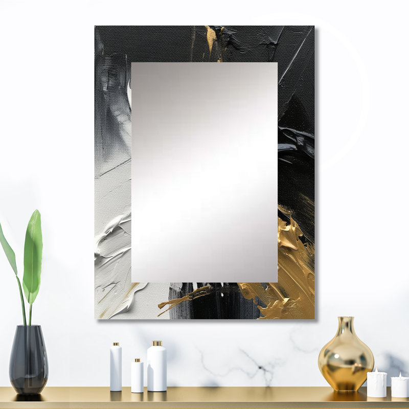 Exquisite Darling Gold Abstract Wave On Black I - Abstract Painting Large Wall Mirror, Modern Unique Mirror, Printed Metal Art