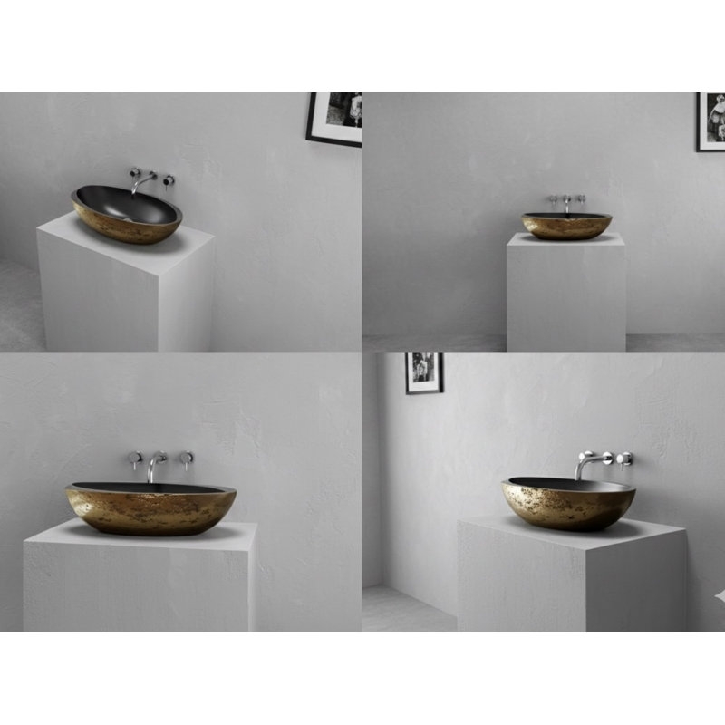 Vast Studio 24” L x 13.8” W Textured Aged Brass/Black  Vessel Sink – Oval Countertop Basin with Smooth White Interior, Metallic Luxury Finish & Modern Spa-Inspired Sculpted Design