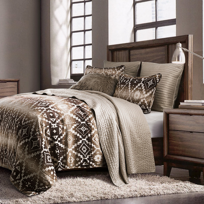 Ensemble d'édredon 3 pièces à motif aztèque crème / taupe Chalet, Édredon simple et 1 taie décorative