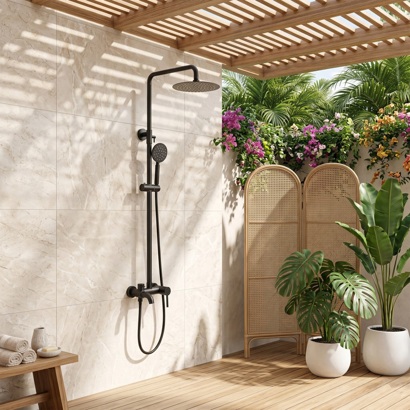 Douche d'extérieur à hauteur réglable murale contemporaine noire H 50 po avec douchette à main et douchette de lavage des pieds Contemporary