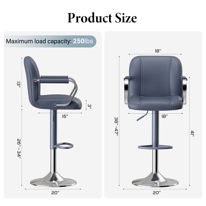 Tavion Adjustable Swivel Faux Leather Bar Stool with Armrests and Footrest, Blue