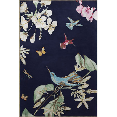 Navy Themed Multicolor Tree and Bird Patterned Modern Decorative Rug