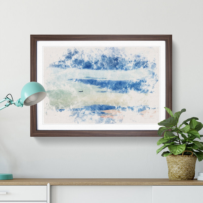 Airplane Through the Clouds Watercolour - Picture Frame Graphic Art Print, 62cm H x 87cm W x 2cm D, Walnut Framed