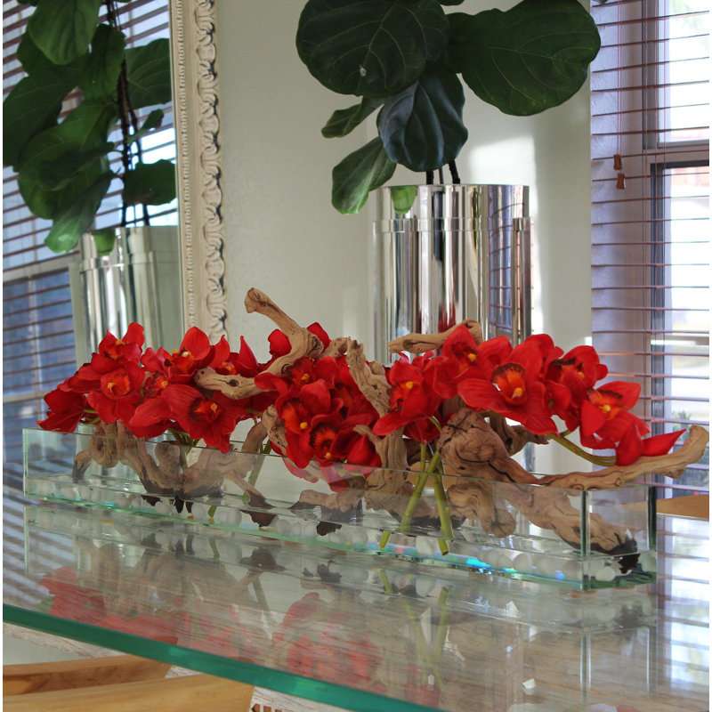 Driftwood Cymbidium Orchids Centerpiece in Glass Planter, 16" H x 48" W x 4" D, Red