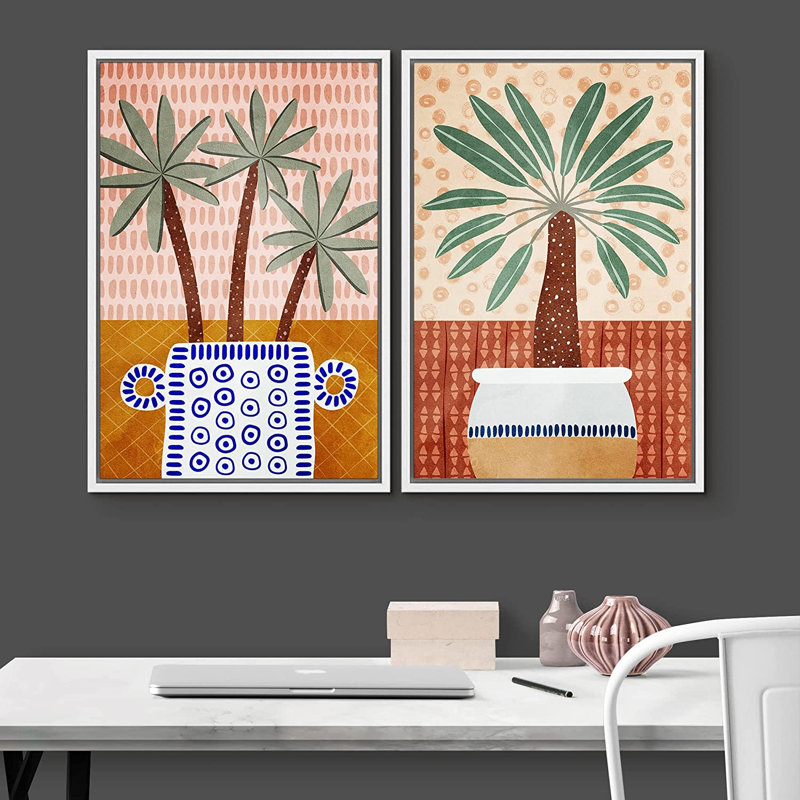 Feuille de palmier tropical, vases multicolores, nature sauvage - ensemble de 2 impressions sur toile, Blanc