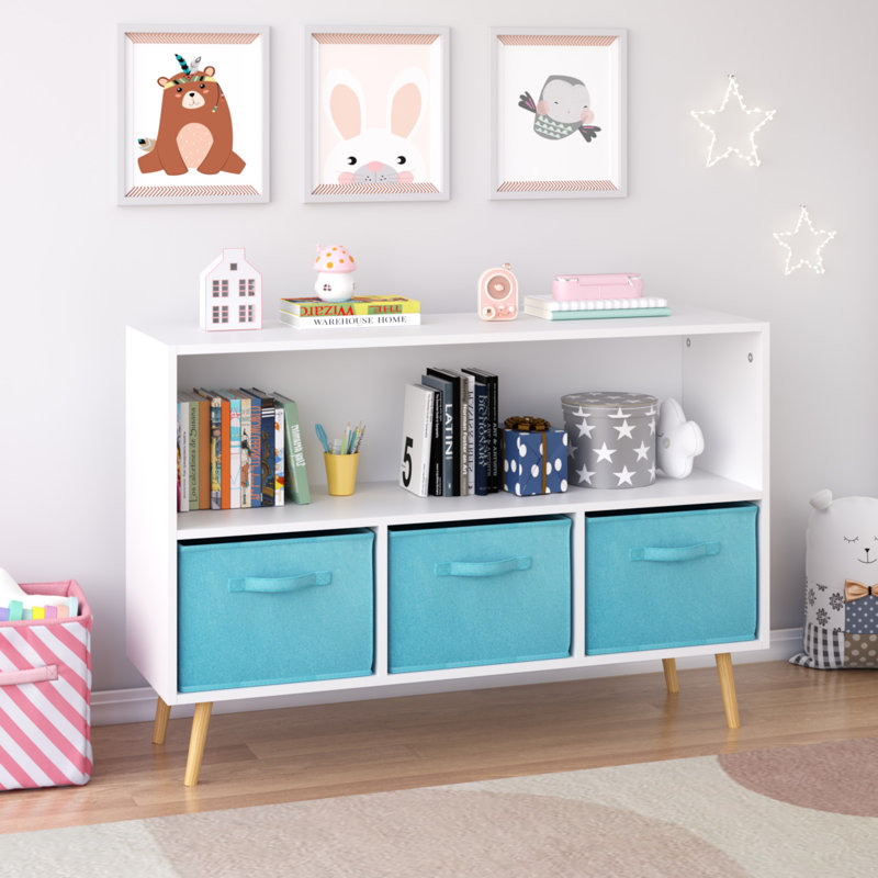 Bibliothèque pour enfants avec tiroirs pliables en tissu, Blanc / Bleu
