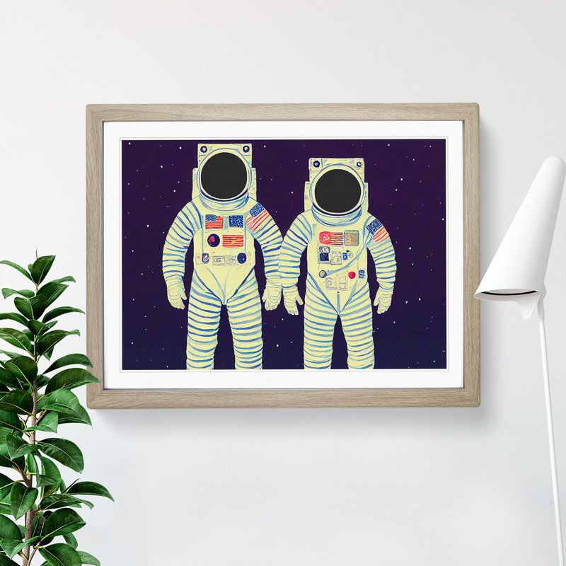 Two Retro Astronauts Vol.2 - Single Picture Frame Print, 46cm H x 64cm W x 2cm D, Oak Framed