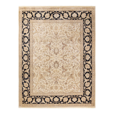 Tapis noir / ivoire noué à la main de conception unique 8 pi 1 po x 10 pi 6 po Selvete