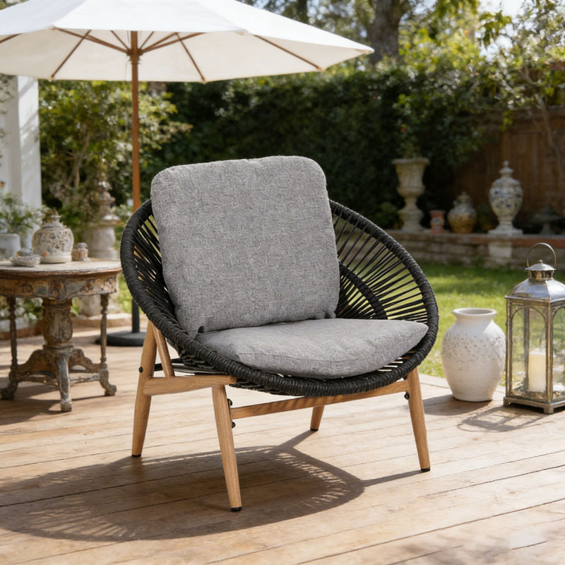 Chaise longue d'extérieur en osier, blac-1, Gris