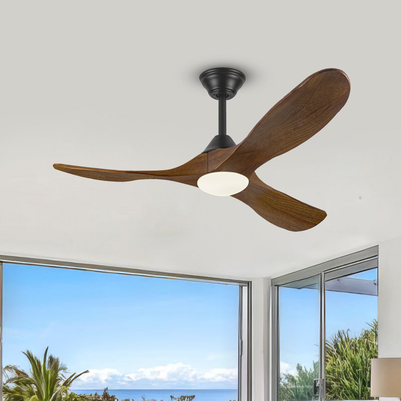 Ventilateur de plafond en bois massif 3 pales avec lumière DEL à intensité variable et télécommande, moteur à courant continu réversible