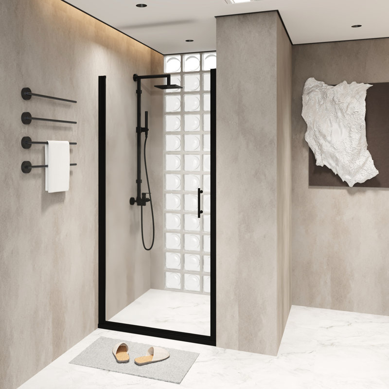 34X72 In Pivot Shower Door With Matte Black Aluminum Frame, Proof Film And Practical Stainless Steel Handle Design Stylish