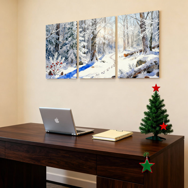 Ensemble de 3 tableaux sur toile représentant un paysage de forêt enneigée en hiver, H 30 po x l 60 po
