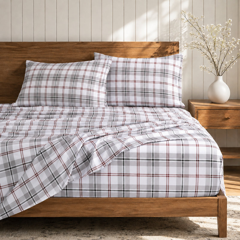 Ensemble de draps en microfibre 4 pièces, Ensemble de draps pour lit double avec 2 taies d'o, Tissu écossais gris