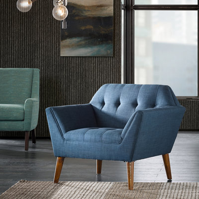 Méridienne Mid-Century moderne, détails à boutons, pieds en bois massif, fauteuil et siège rembourrés bleus, accoudoirs, pacane
