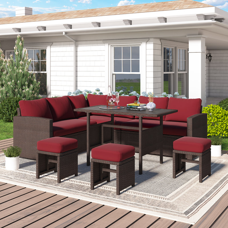 Angila 7 Piece Sectional Seating Group, Wine Red Cushion/Brown Frame
