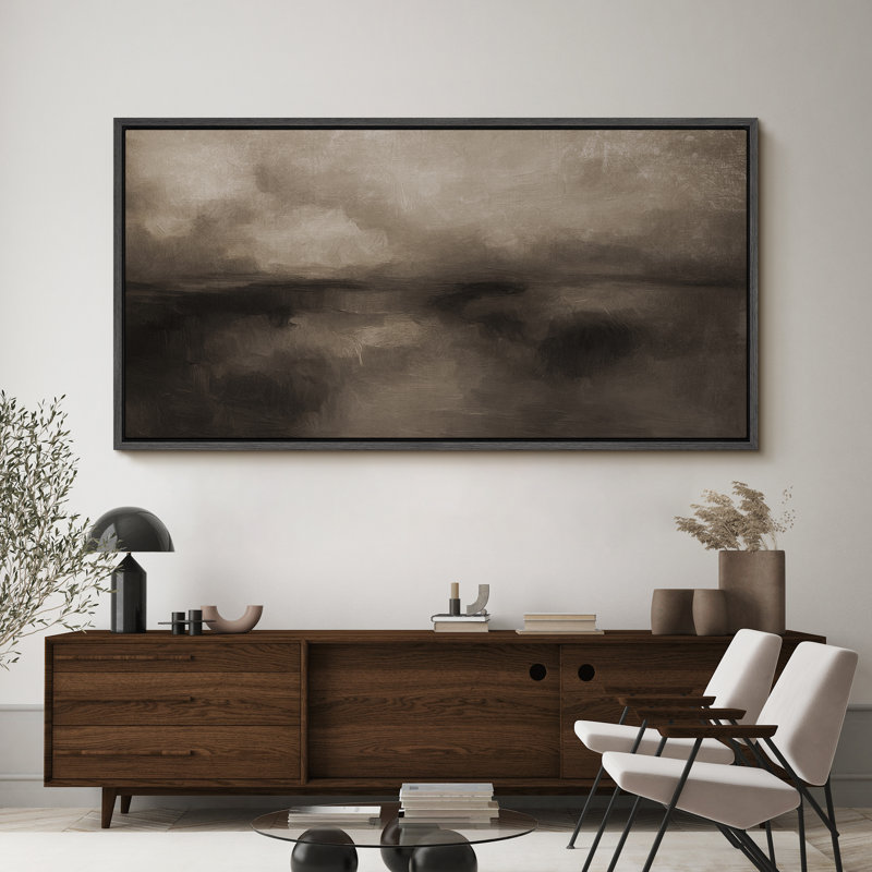 Large Framed Canvas Print Wall Art - Abstract Landscape Print for Modern Neutral Home Decor, Black, 30" H x 60" W
