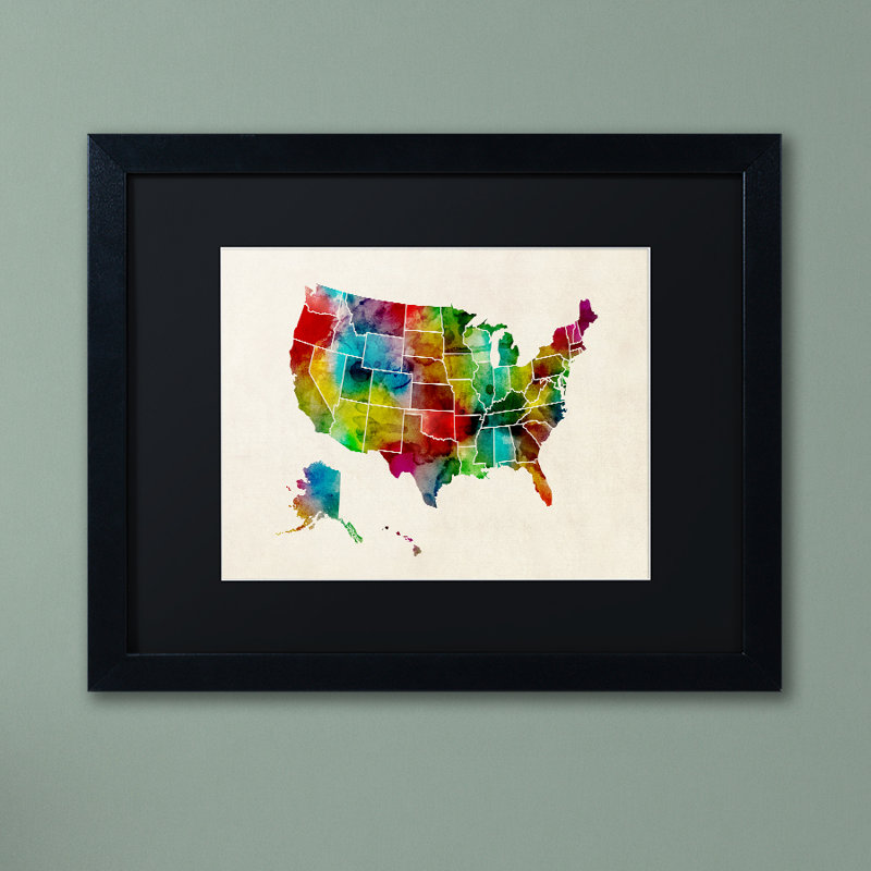 Plan aquarellé États-Unis 2 par Michael Tompsett encadré Art graphique, 16" H x 20" L x 0.5" D