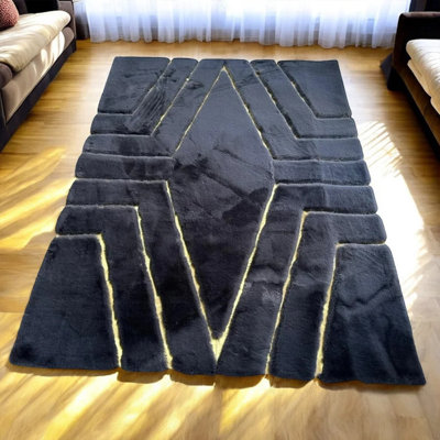 Gold Striped Black Geometric Fur Plush Rug With Low-Pile Shaggy Texture For Modern Living Spaces