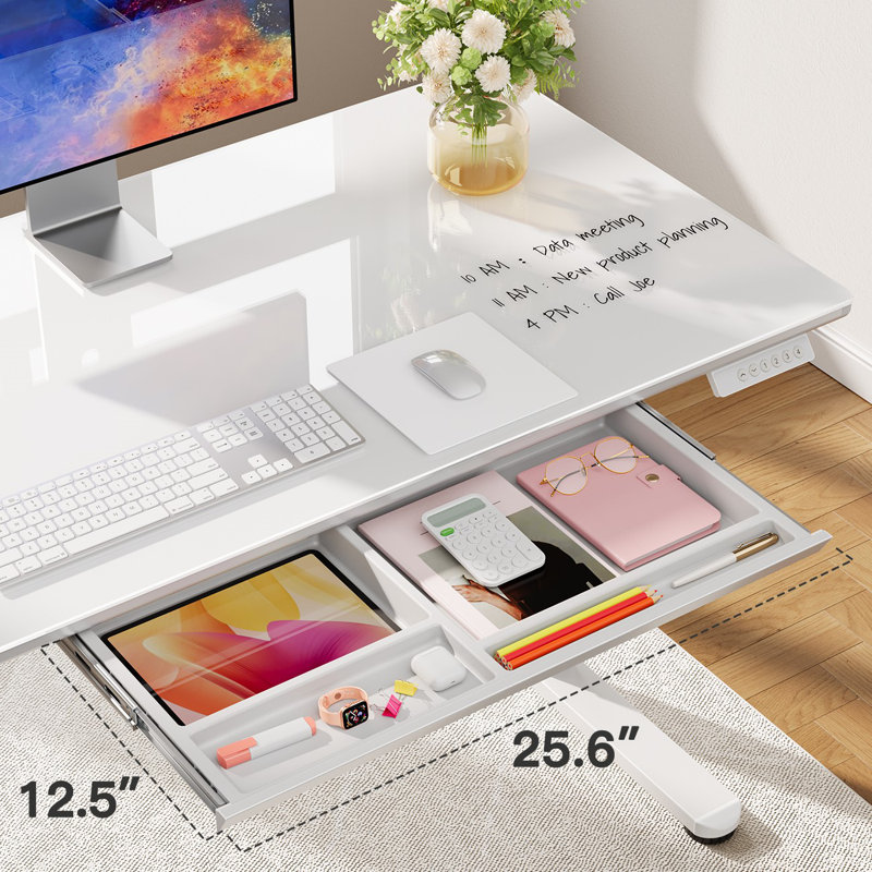 Glass Standing Desk with Writable Surface and Built-In Storage Drawers, Adjustable Height, 28.3" H x 39.4" W x 23.6" D, White