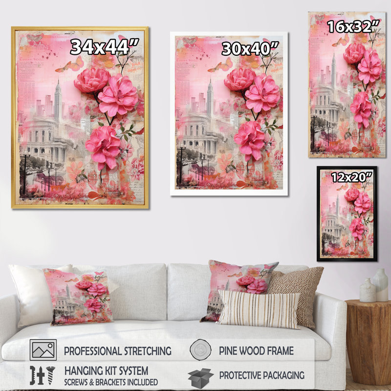 Golden Gate San Francisco, collage rétro rose I, impression sur toile, Cadre flottant blanc, H 20 po x l 12 po x P 1 po