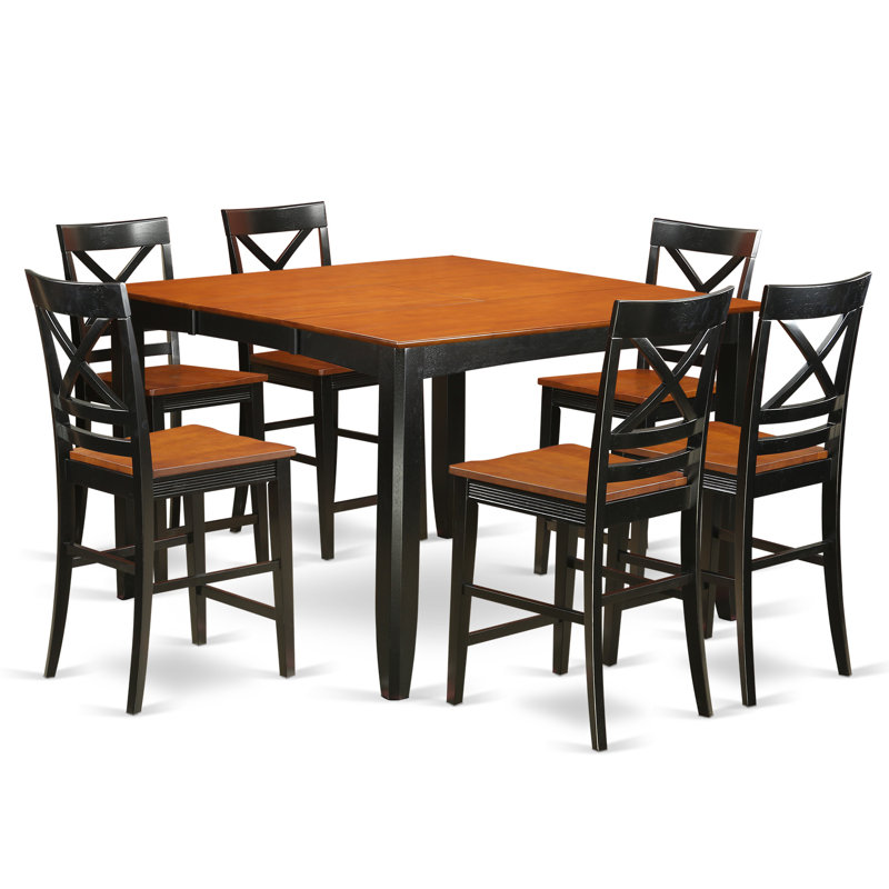 7 Piece Kitchen Counter Set Consist of a Square Dining Room Table with Pedestal and 6 Dining Chairs, Black & Cherry
