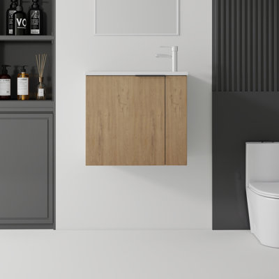 Meuble-lavabo suspendu de 56 cm avec lavabo intégré, porte à fermeture amortie, lavabo en céramique intégré, armoire de salle de bain murale en contreplaqué, chêne