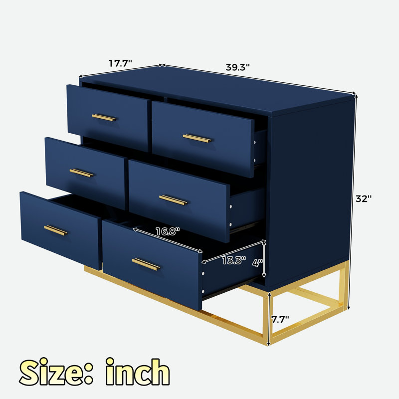 Commode moderne à 6 tiroirs, poignées dorées et élégant piètement en métal, Marine