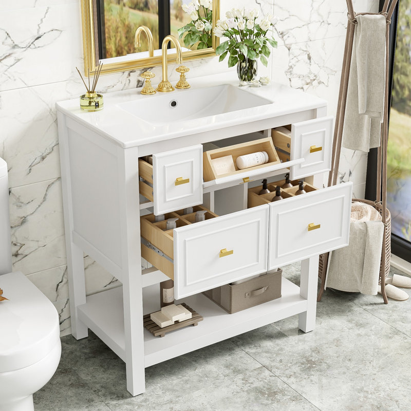 Ensemble de meuble-lavabo simple avec 5 tiroirs, Blanc