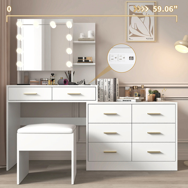 Coiffeuse de maquillage avec lumières, station de charge et miroir, Doré, Blanc