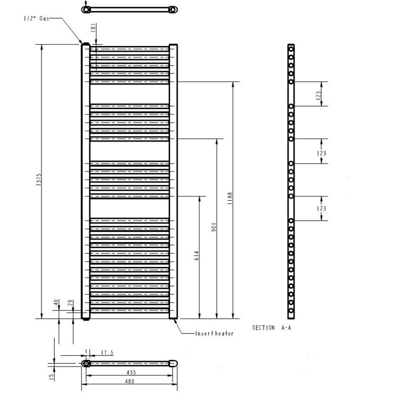 Spa Collection Straight Towel Rail Heated Towel Rails, Chrome, 137.5cm H x 48cm W x 3cm D