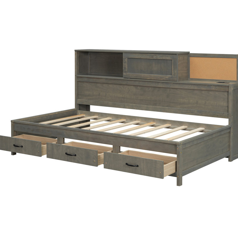 Gray Twin Wooden Daybed With 3 Storage Areas, Top Shelf, And Power Ports For A Tech - Enabled Sleeping Space Sized Drawer Storage, Upper Charging Facilities Comfortable Area