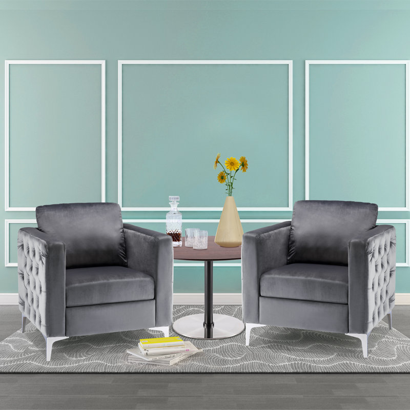 Gray Velvet Barrel Accent Chair with Metal Legs