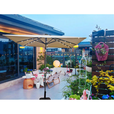 Parasol carré carré de 8X2,5M avec parasol solaire à DEL 8 lumières avec manivelle et base transversale pour terrasse de jardin et abri de piscine extérieur