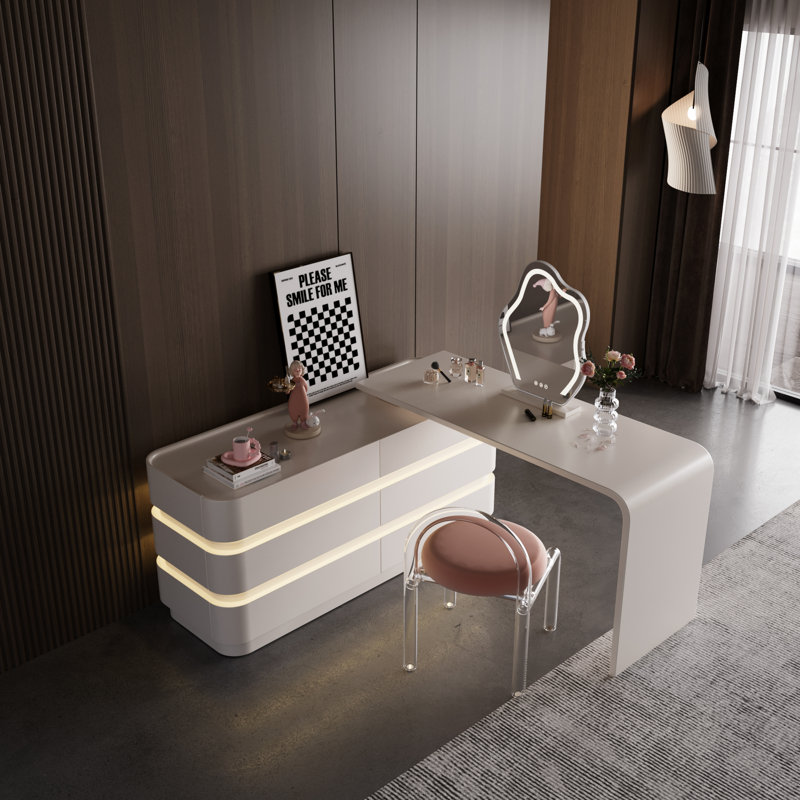 Cyruss Expandable 51.18 '' - 90.55 '' Modern Makeup Vanity with Integrated Lighting, Multiple Storage Spaces (6-Drawers)