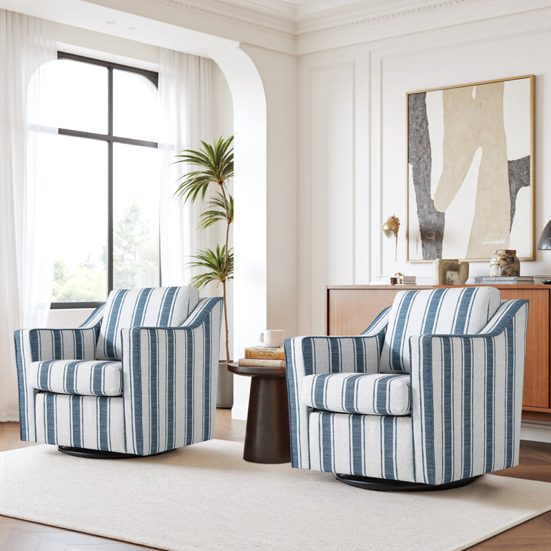 Bronnen Big And Wide Upholstered Cushion Swivel Armchair with Removable Back and Seat Cushion, Navy Cotton Blend