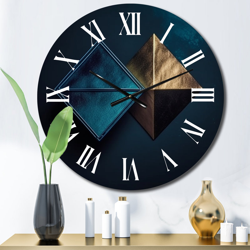 Rhombus en bleu foncé et or abstrait II - horloge murale géométrique moderne, Petit