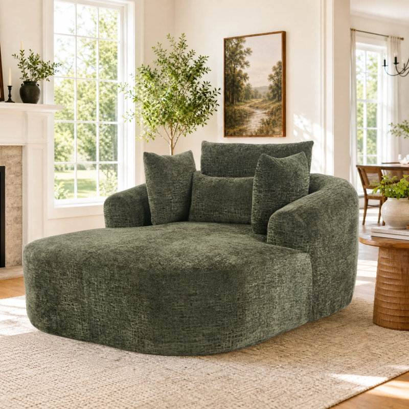 Indoor Chaise Lounge, Oversized Chaise Lounge Chair, Upholstered Lounge Chair for Living Room & Bedroom, Olive Green