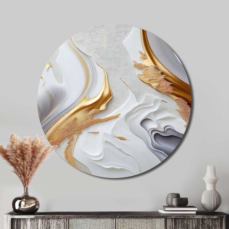 Hurd blanc et marbre doré abstrait I - Art abstrait rond en métal, H 29 po x l 29 po