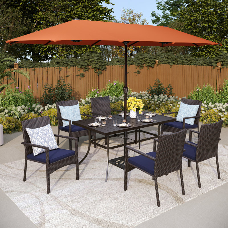 Leonard 6 - Person Patio Dining Set with Rectangular Table , Cushions Included, Red