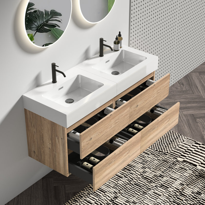 Meuble-lavabo mural de 48 po de dimension Mid-Century, lavabo une pièce, poignée dissimulée, laque E0 pour meuble-lavabo résistant à l'eau avec lavabo à quartz blanc, tiroirs doubles flottants,