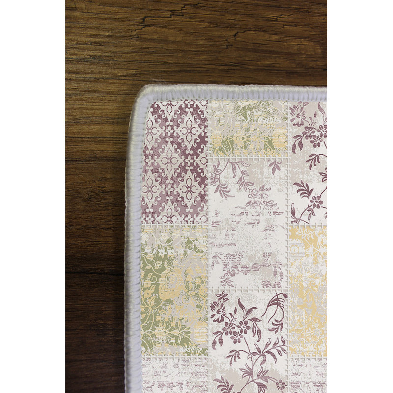 Elegant Hall Carpet, 3.3 x 6.6 ft, 100% Polyester, 650 g/m², 0.16 in Pile Height | Antibacterial, Eco-Friendly, Non-Slip PVC Dot Underside | Machine Washable, Digital Print Design in Beige, Damson Red, Yellow & Green