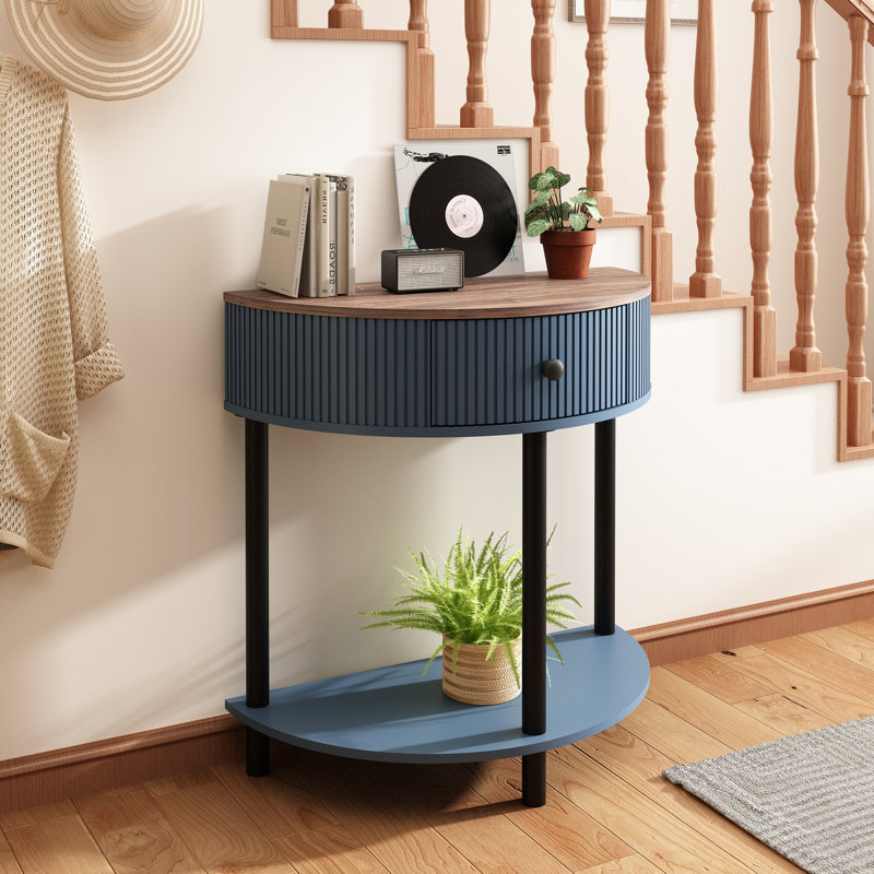 Charlbury 31"W Half-Round Solid Wood Console Table with Fluted Drawers, Brown/Blue/Black
