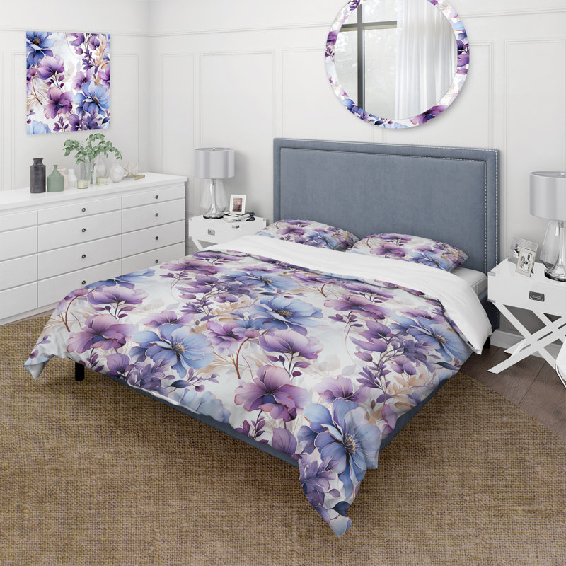 Floral Duvet Cover Set - Wonderland White And Purple Flowers, Queen Duvet Cover + 2 Standard Shams