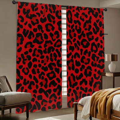 Rideaux audacieux à motif léopard 2 pièces, motif rouge et noir éclatant, tissu léger, contrôle d'intimité filtrant la lumière, style passe-tringle, parfait pour la chambre à coucher, le salon, la décoration pour adolescents