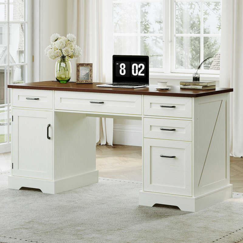 Executive Desk with Built-In Electrical Outlet, Brown/Ivory